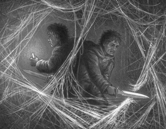 Frodo y Sam en el Antro de Ella-Laraña, según Dagmar Jung