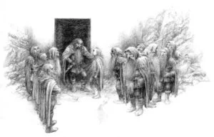 Bilbo y los enanos ante la puerta secreta, según Alan Lee Bilbo y los enanos ante la puerta secreta, según Alan Lee