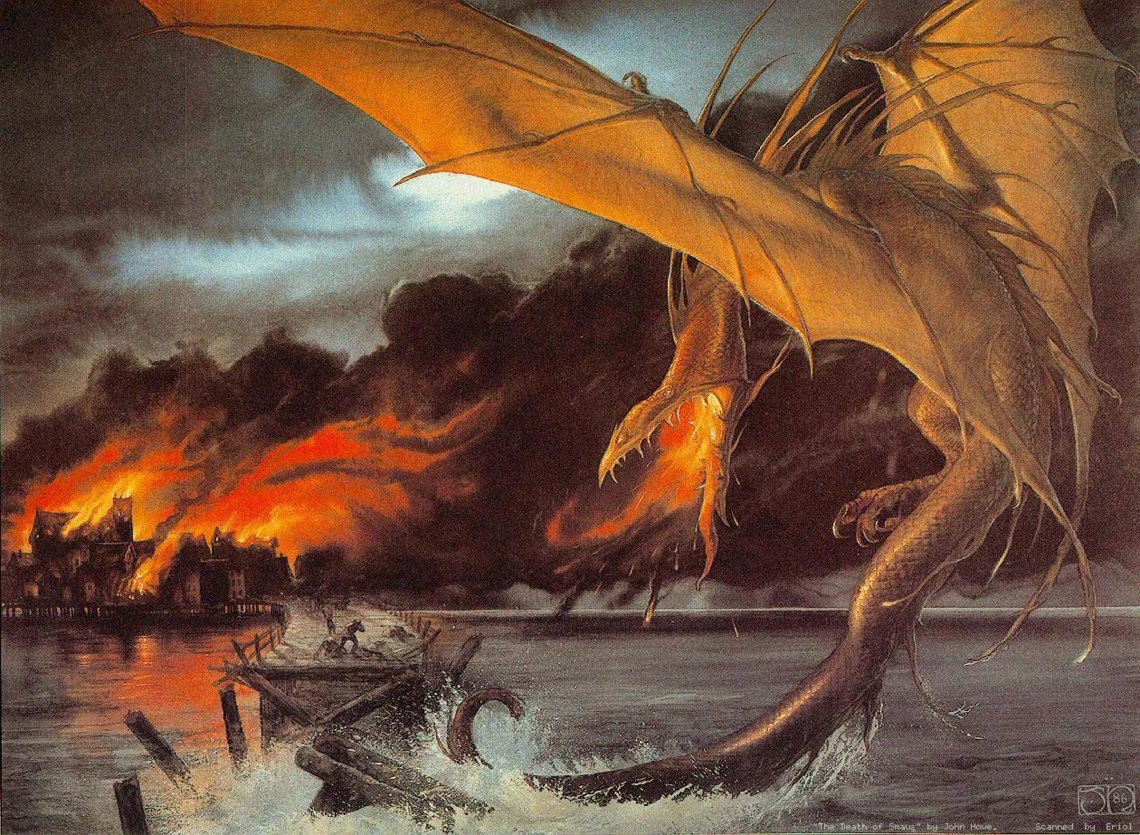 Smaug ataca la Ciudad del Lago, según el artista canadiense John Howe Smaug ataca la Ciudad del Lago, según John Howe