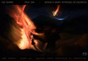Smaug se aproxima a Esgaroth, según el artista británico Matthew Burton Smaug se aproxima a Esgaroth, según Matthew Burton