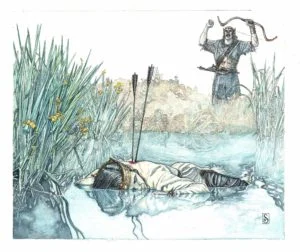 La muerte de Isildur, por el artista galés Stephen Graham Walsh