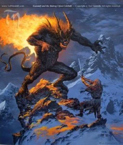 Batalla de la Cima: Gandalf y el Balrog en el Celebdil, según el artista canadiense Ted Nasmith Batalla de la Cima: Gandalf y el Balrog en el Celebdil, según Ted Nasmith