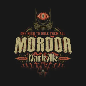 "Cerveza negra de Mordor, una cerveza para dominarlas a todas. Cervecería de Barad-dûr". Diseño de Cory Freeman