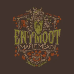 "Hidromiel con saber a arce de la Cámara de los Ents, te hace crecer alto. Cervezas de Fangorn". Diseño de Cory Freeman