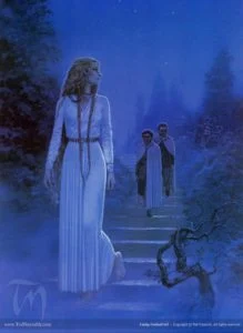 Galadriel conduce a Frodo y Sam al Espejo, según el artista canadiense Ted Nasmith