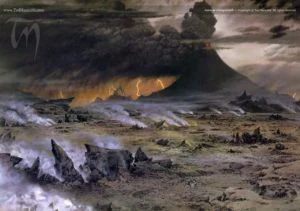 Frodo y Sam atraviesan la llanura de Gorgoroth, según el artista canadiense Ted Nasmith