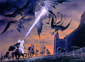 Gandalf ahuyenta a los Nazgûl frente a Minas Tirith, según el artista canadiense Ted Nasmith