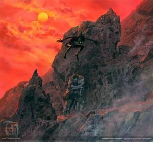 Gollum ataca a Frodo y Sam en el Monte del Destino, según el artista canadiense Ted Nasmith