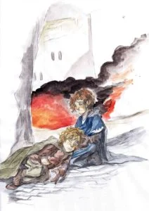 Merry y Pippin tras la Batalla de los Campos del Pelennor, según un artista estadounidense conocido como theintrovert