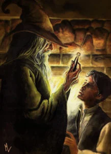 Gandalf y Frodo examinan el Anillo, según el artista italiano Marco Ligabò