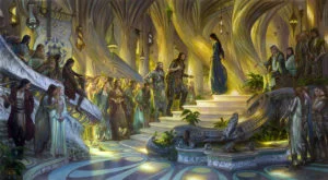 Beren y Lúthien ante Thingol y Melian en Menegroth, según el artista estadounidense Donato Giancola