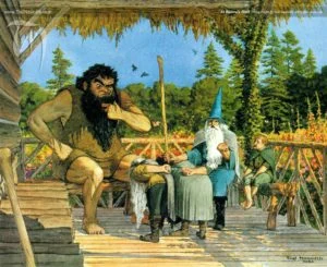 Bilbo, Gandalf, Thorin y Dori en casa de Beorn, según el artista canadiense Ted Nasmith