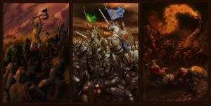 Tríptico de la Nirnaeth Arnoediad (La muerte de Azaghâl, Glorfindel y Turgon, y Húrin en el Marjal de Serech), según un artista ruso conocido como Ivanalekseich