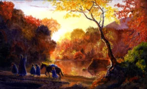 Aragorn y los hobbits en el Bosque de Chet, según el artista estadounidense Jef Murray