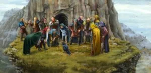 Roäc informa de la muerte de Smaug a Bilbo y los enanos, según la artista estadounidense Carol Emery Phenix