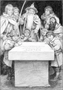 La Compañía en la tumba de Balin, según el artista ruso Denis Gordeev