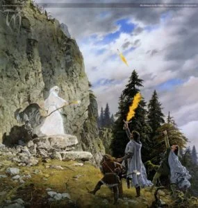 Gandalf aparece ante Aragorn, Gimli y Legolas, según el artista canadiense Ted Nasmith