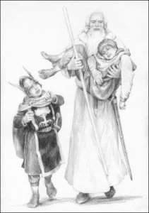Gandalf lleva a Merry y Pippin a las Casas de Curacion tras la Batalla de los Campos del Pelennor según Denis Gordeev