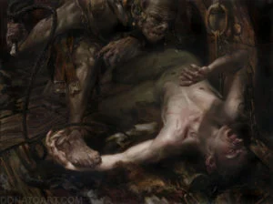 Frodo y Snaga en la torre de Cirith Ungol, según el artista estadounidense Donato Giancola