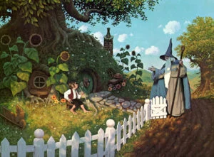 Gandalf visita a Bilbo en Bolsón Cerrado, según los hermanos Greg y Tim Hildebrandt