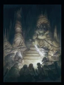Bilbo y los enanos ante el Gran Trasgo, según el artista estadounidense Justin Gerard
