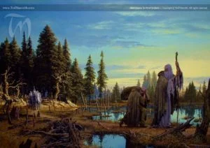 La compañía de Gandalf, los hobbits y las gentes de Rivendel y Lórien alcanza a Saruman, según el artista canadiense Ted Nasmith