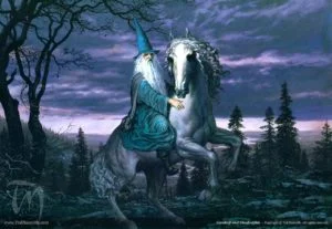 Gandalf montado en Sombragrís, según el artista canadiense Ted Nasmith