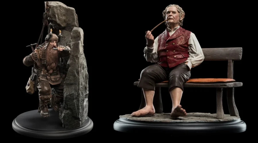 Escultura de Minero de Erebor y mini figura de Bilbo Bolsón de Weta Workshop