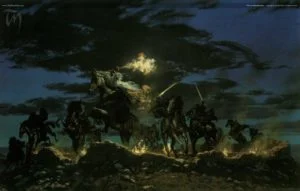 Gandalf se enfrenta a los Nazgûl en la Cima de los Vientos, según el artista canadiense Ted Nasmith