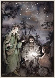 Bilbo entrega la Piedra del Arca a Bardo y Thranduil, según la artista finlandesa Ulla Thynell