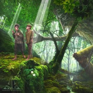 Merry y PIppin se encuentran con Bárbol, según el artista italiano Ivan Cavini