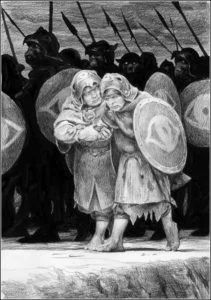 Frodo y Sam con la compañía de orcos, según el artista ruso Denis Gordeev