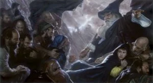 Bilbo, Gandalf y los enanos se refugian de los Gigantes de piedra, por el artista estadounidense Donato Giancola