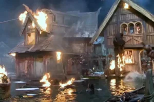 El decorado de Esgaroth, en llamas