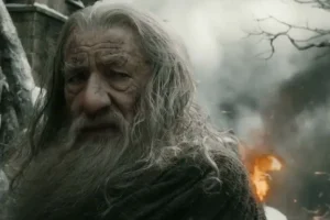 Gandalf mira a Bilbo en plena batalla