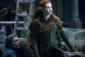Tauriel con las hijas de Bardo y los Enanos en Esgaroth