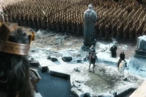 Thorin contempla a Thranduil, Bardo y Gandalf