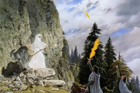 Gandalf el Blanco aparece ante Aragorn, Legolas y Gimli
