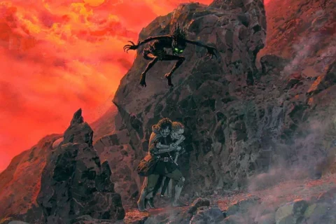 Gollum ataca a Frodo y Sam en el Monte del Desino