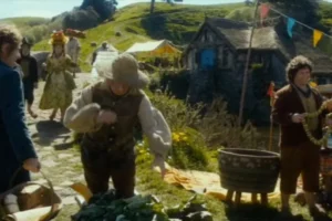 Bilbo en el mercado de Hobbiton