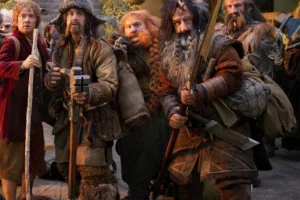 Bilbo, Bofur, Bombur, Bifur y Dwalin en Rivendel