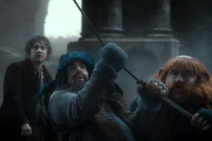 Bilbo, Bofur y Bombur en el bote de Bardo