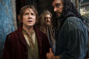 Bilbo, Nori y Thorin en Esgaroth