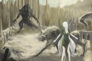 Sauron se enfrenta a Huan, el perro de Valinor