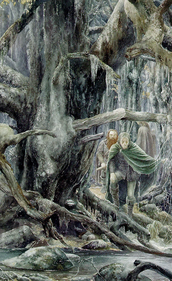 Aragorn, Gimli y Legolas buscando en el bosque, ilustración de Alan Lee