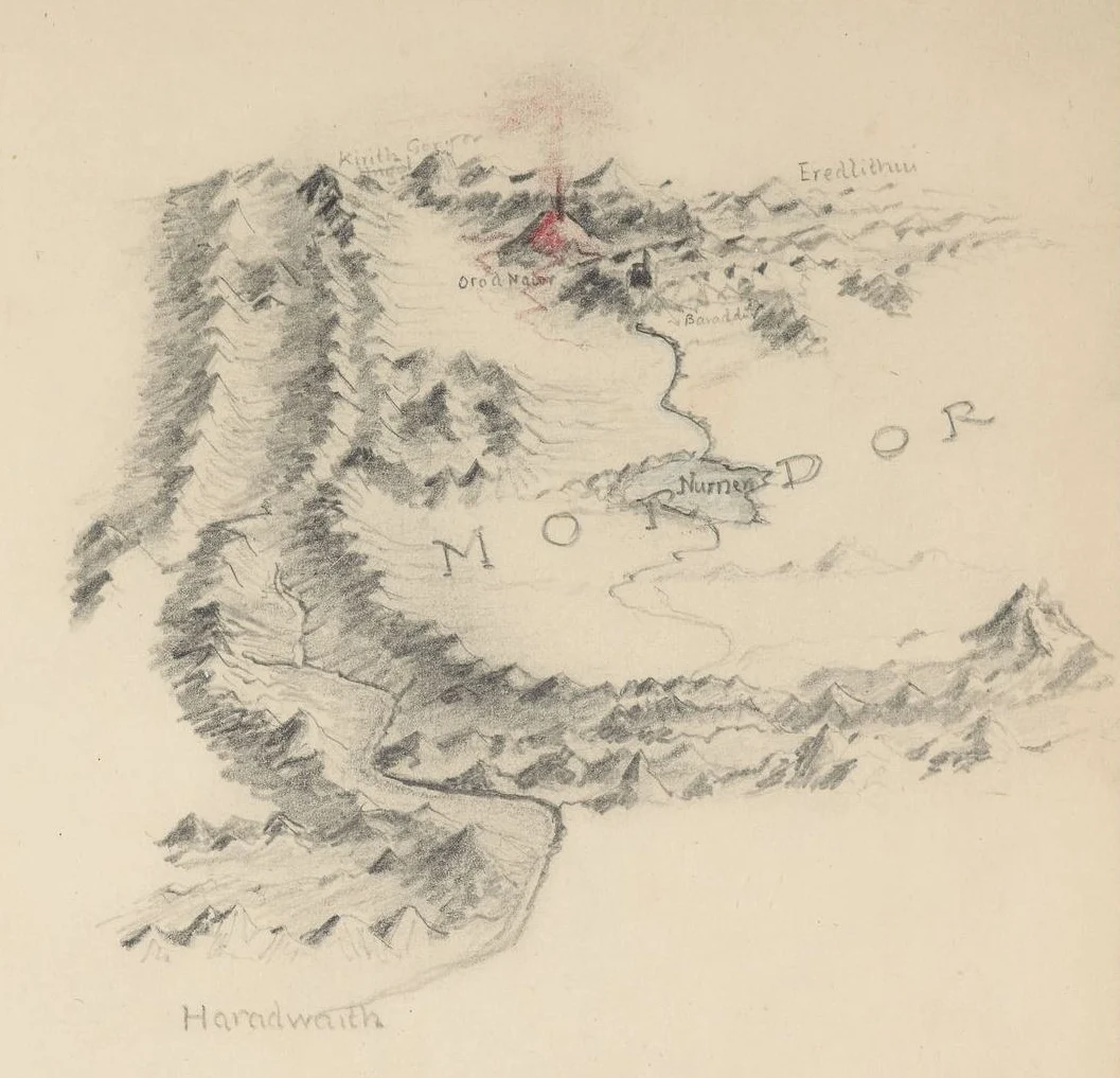 Mapa antiguo de Mordor elaborado por J. R. R. Tolkien en la década de 1940.