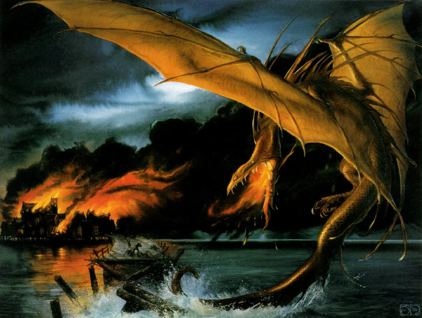 «Smaug destruye la Ciudad del Lago», de John Howe