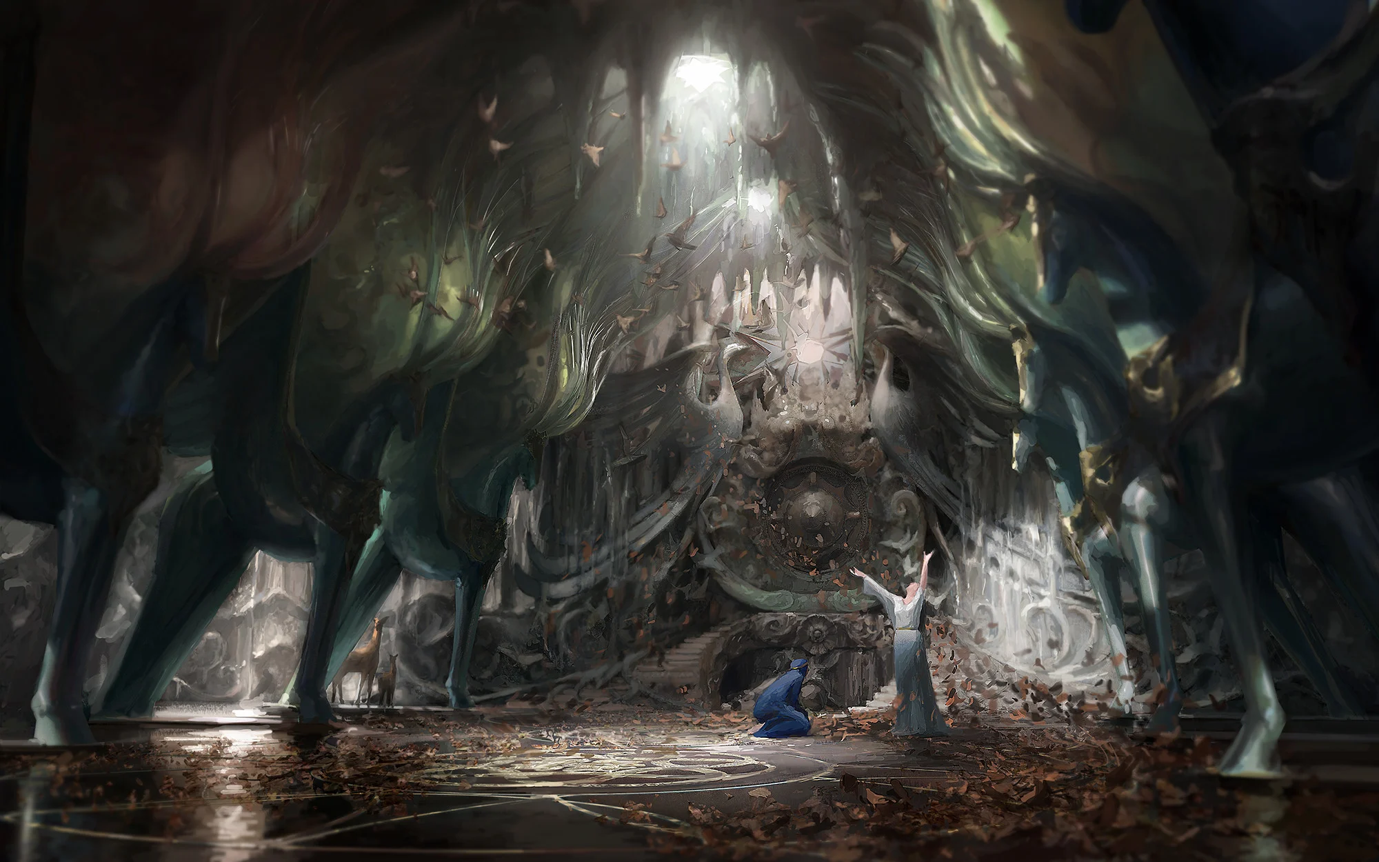 Melian la Maia y su hija Lúthien, en la sala del trono de Menegroth, por Pete Amachree