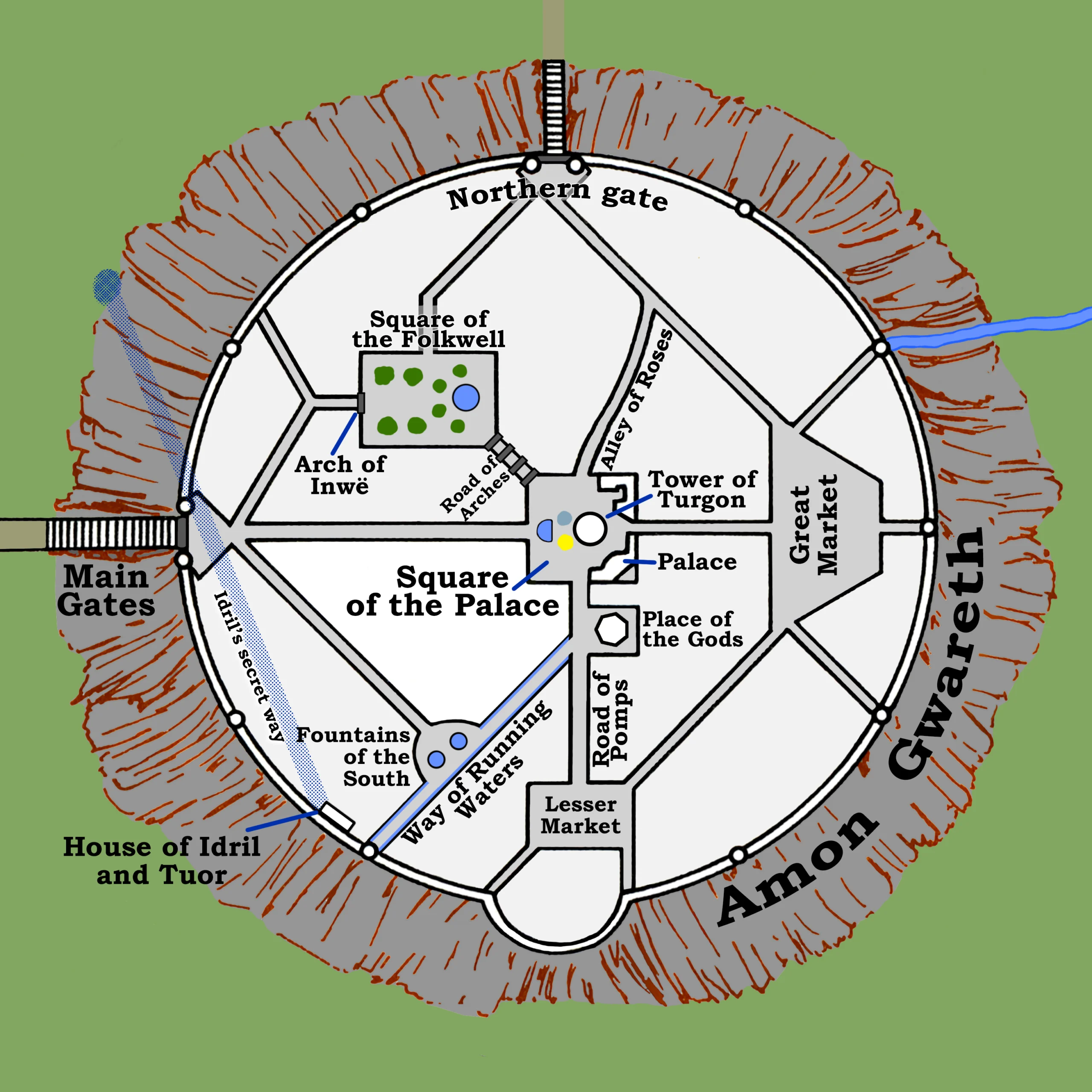 Un mapa de Gondolin basado en *El Atlas de la Tierra Media*, de Karen Wynn Fonstad.