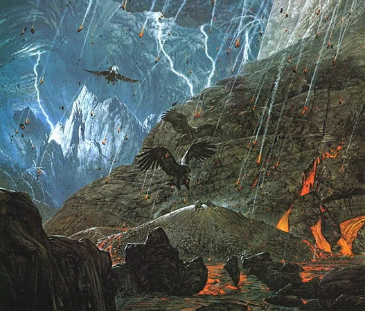 Águilas volando hacia el Monte del Destino. Ilustración de Ted Nasmith.